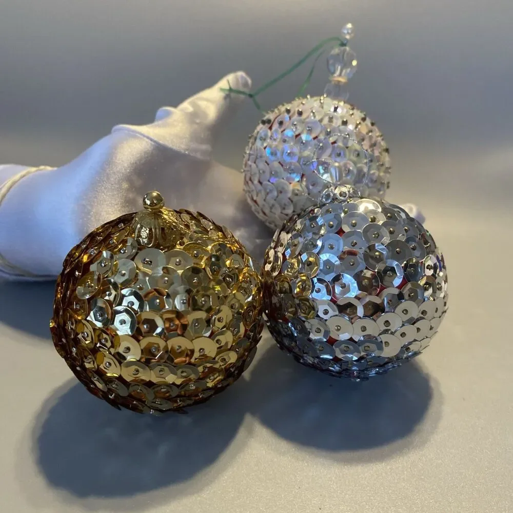 3 Vintage Christmas Sequin Push Pin Ornaments Gold Silver White Ball Handmade